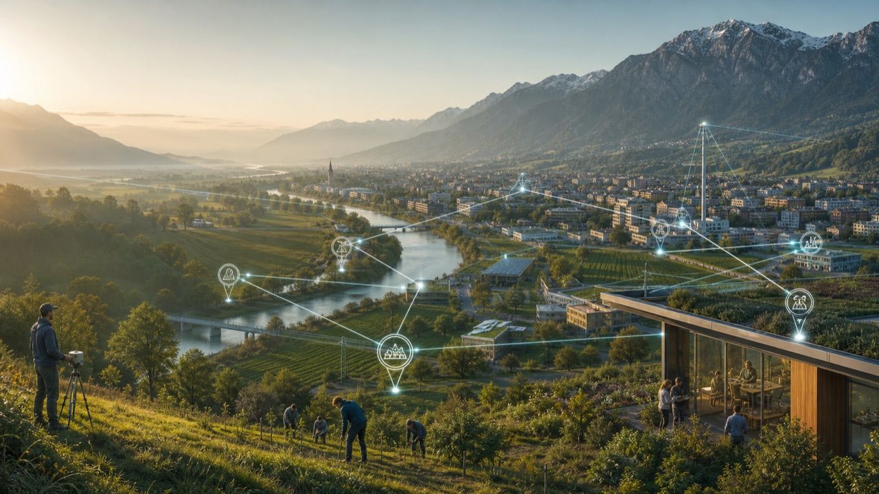 A European alpine civic landscape connected by a subtle digital trust network.